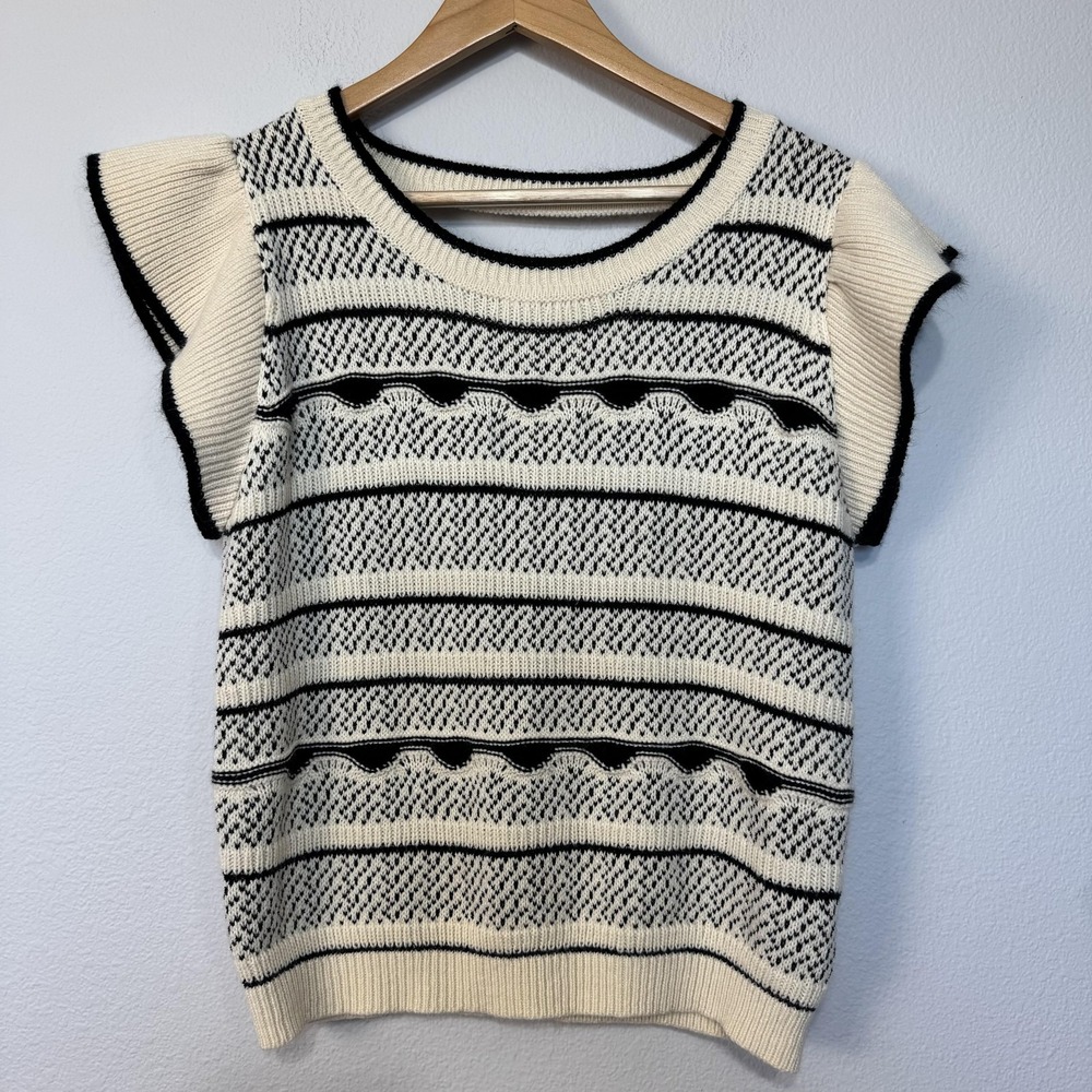Baltic Born Sweater Women's Large Ivory‎ Black Striped Flutter Sleeve Open Back
